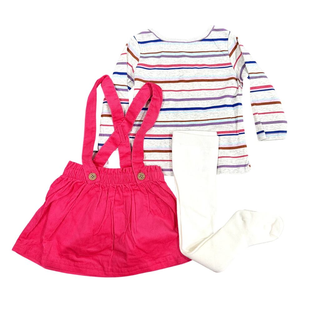 Carter's Baby Girl Striped Tee, Corduroy Jumper, & Tights Set in Pink, Size 12M - Picture 3 of 4